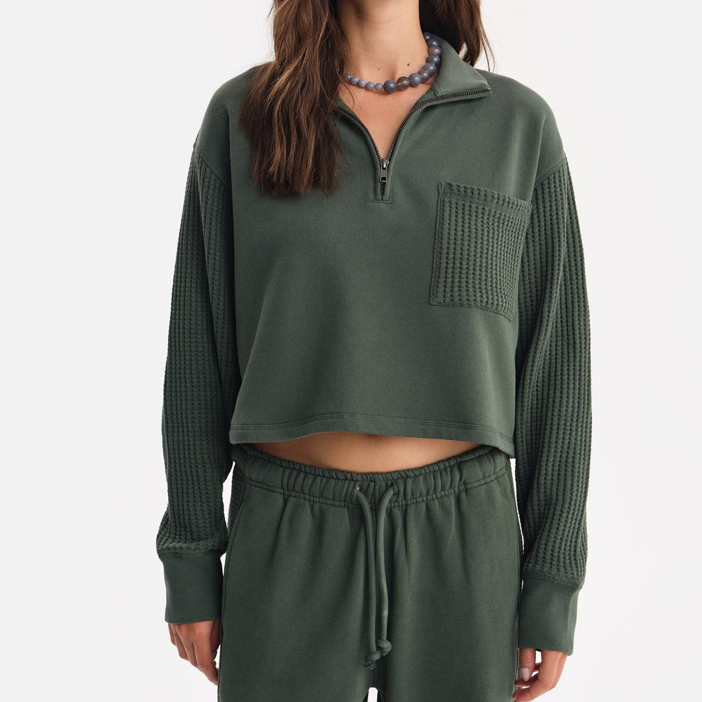 Organic Fleece and Waffle Cropped Half-Zip Sweatshirt