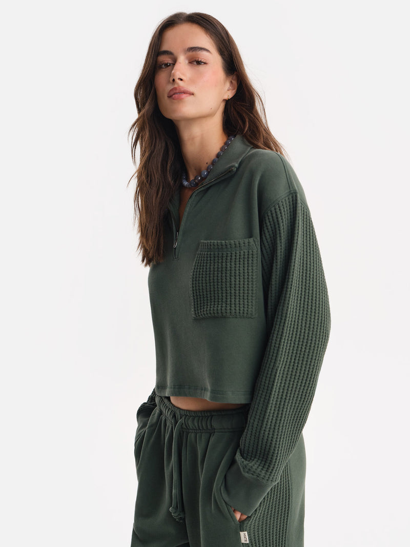Organic Fleece and Waffle Cropped Half-Zip Sweatshirt