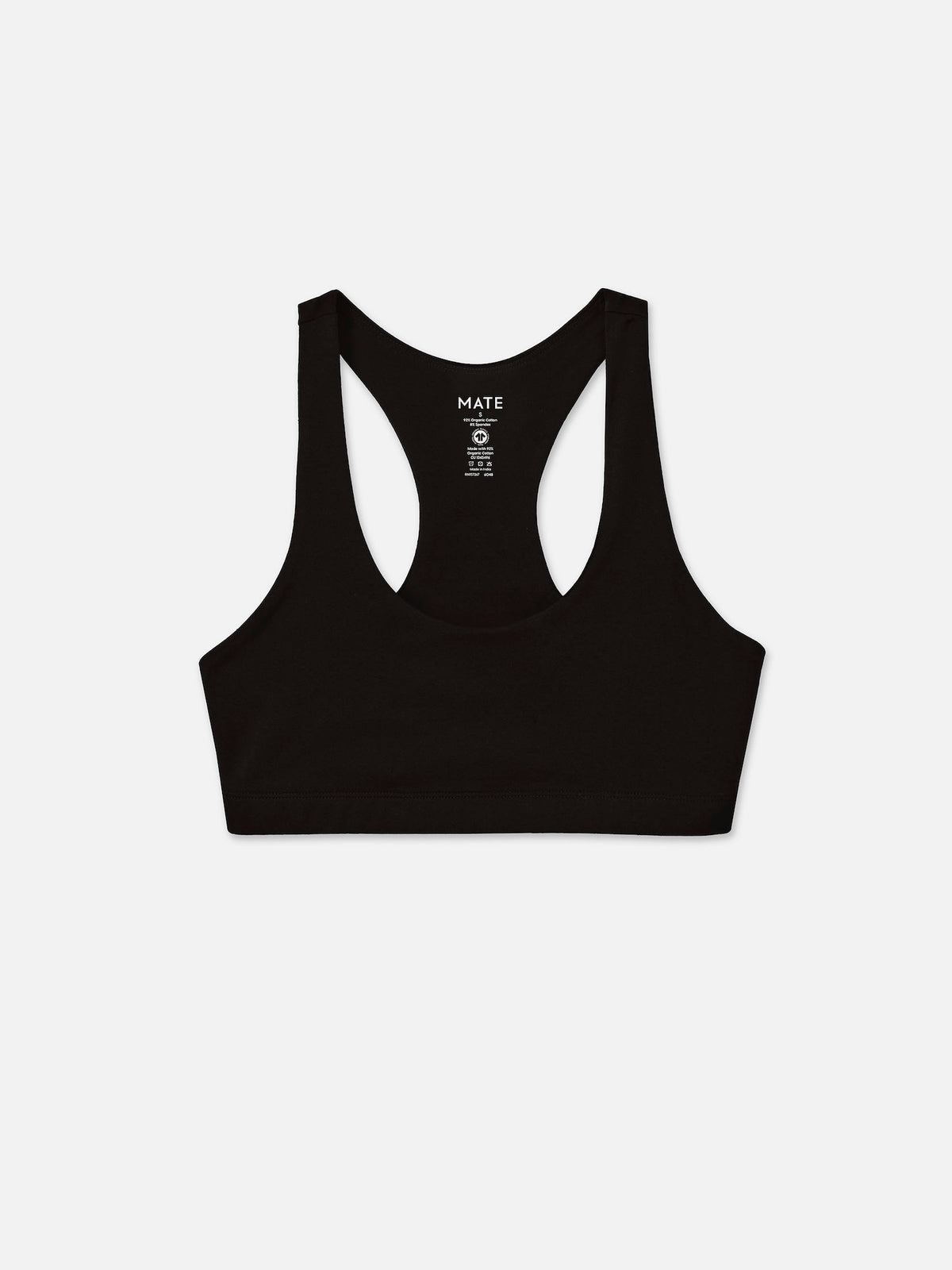 Organic Stretch Sports Bra in Jet Black — flat lay product photo