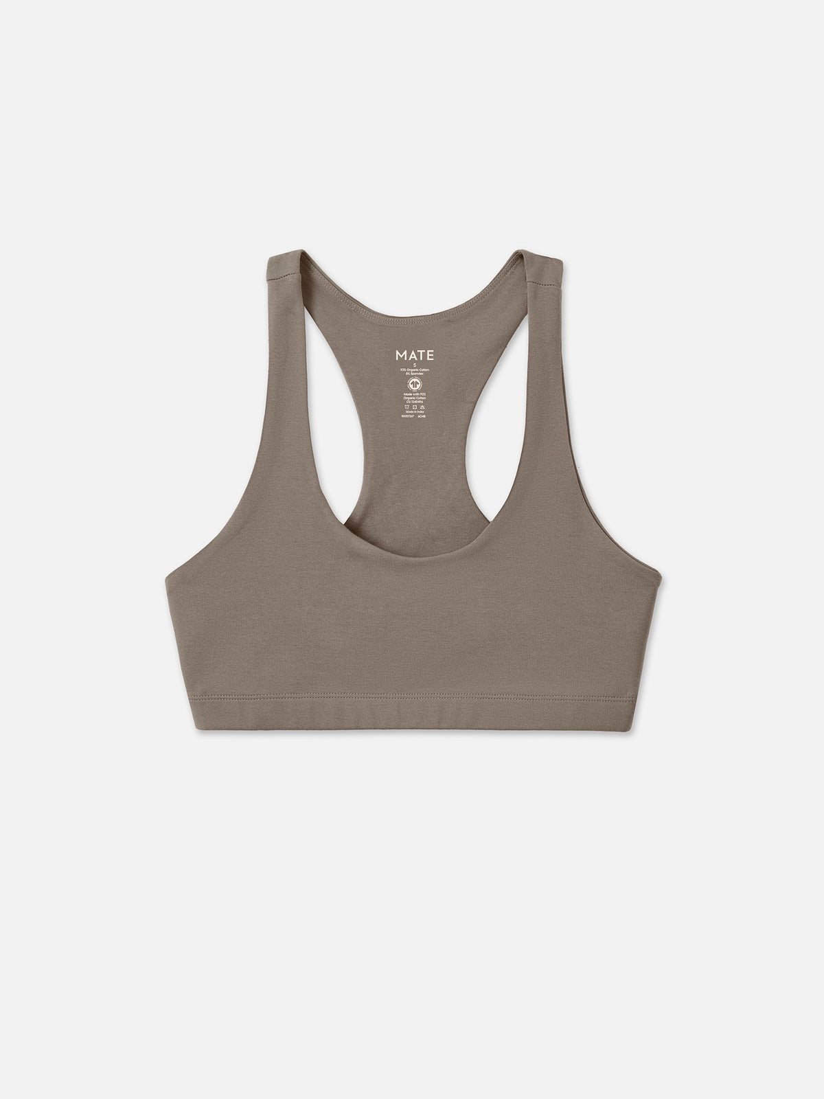Organic Stretch Sports Bra in Pebble — flat lay product photo