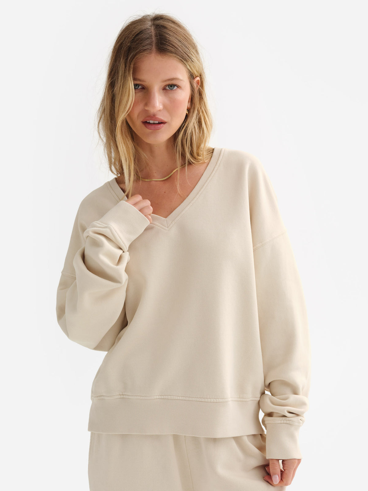 Organic Fleece V-Neck Sweatshirt-Sweatshirts-MATE the Label-BONE-XS-MATE the Label