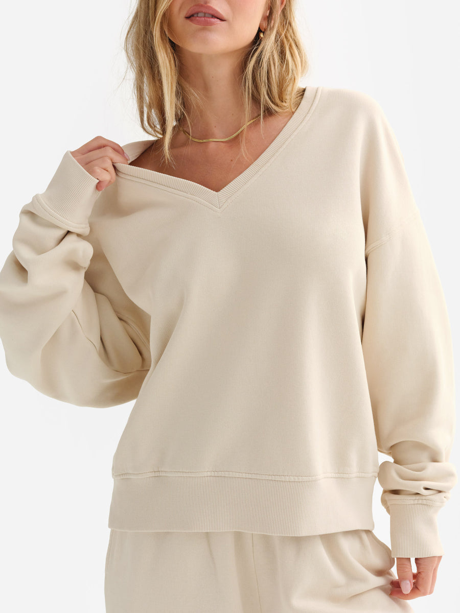 Organic Fleece V-Neck Sweatshirt-Sweatshirts-MATE the Label-BONE-XS-MATE the Label
