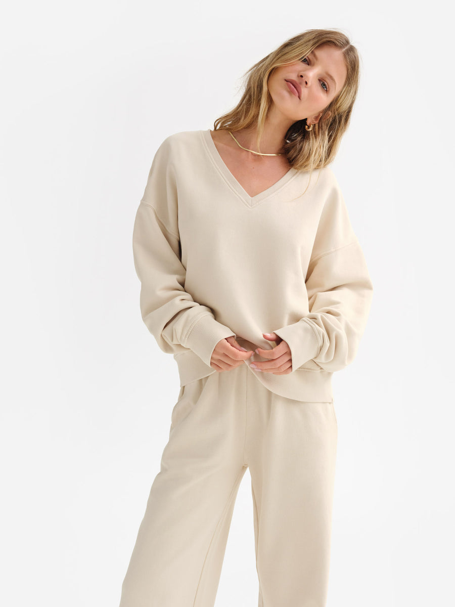 Organic Fleece V-Neck Sweatshirt-Sweatshirts-MATE the Label-BONE-XS-MATE the Label