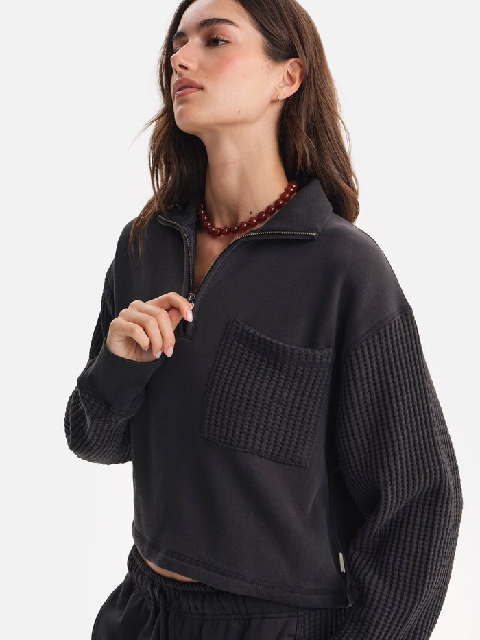 Organic Fleece and Waffle Cropped Half-Zip Sweatshirt