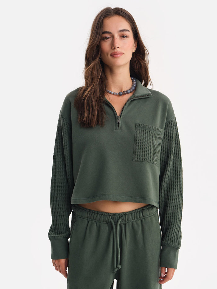 Organic Fleece and Waffle Cropped Half-Zip Sweatshirt