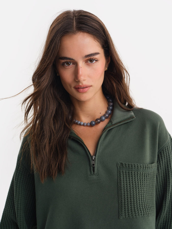 Organic Fleece and Waffle Cropped Half-Zip Sweatshirt