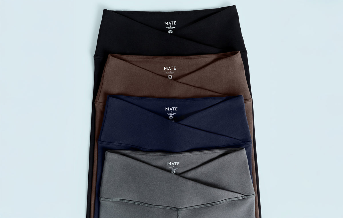 Folded organic crossover-waist bottoms in black, brown, navy and grey – MATE the Label