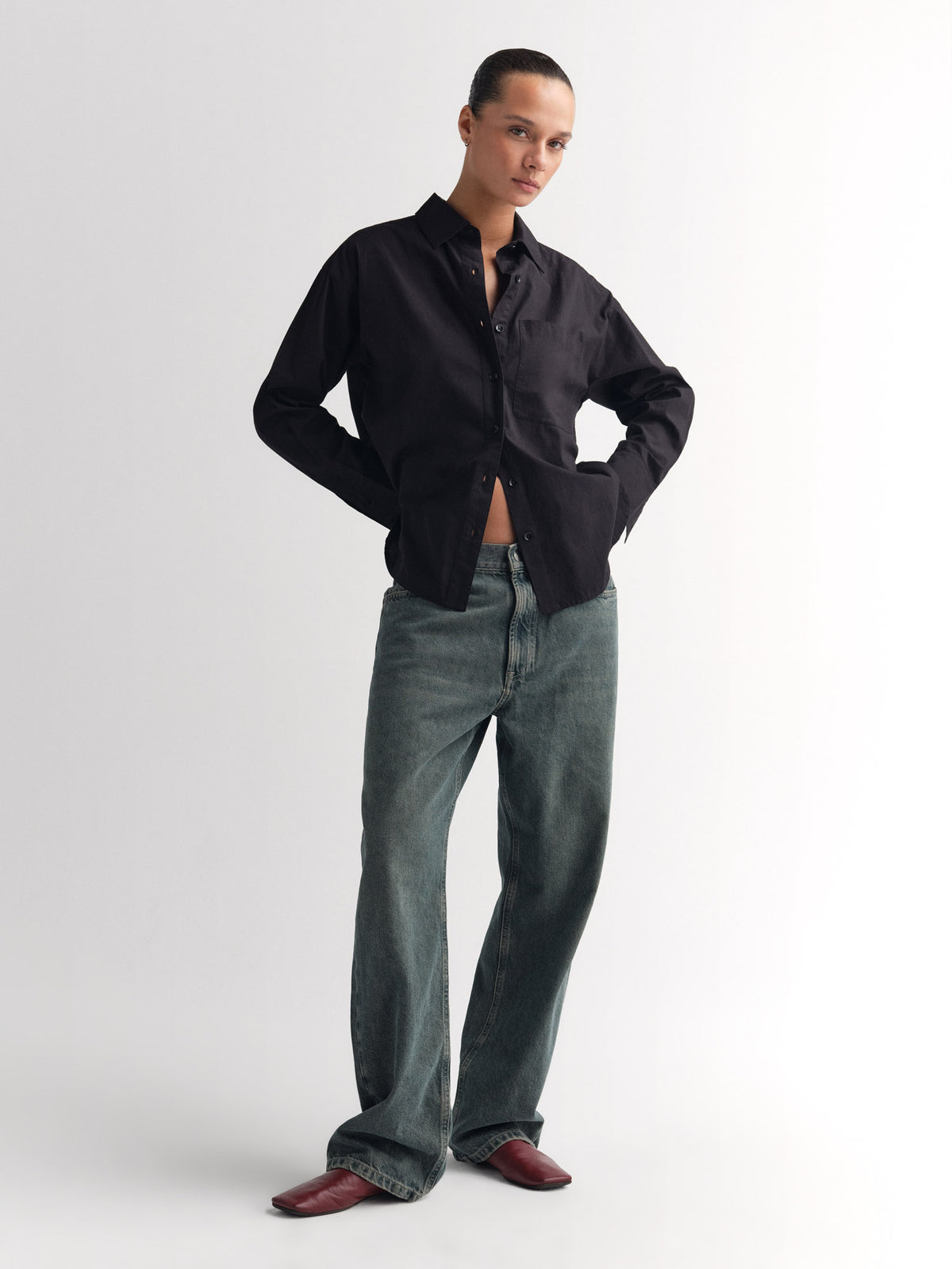 Organic Poplin Long Sleeve Button Down-Tops-MATE the Label-JET BLACK-XS-MATE the Label