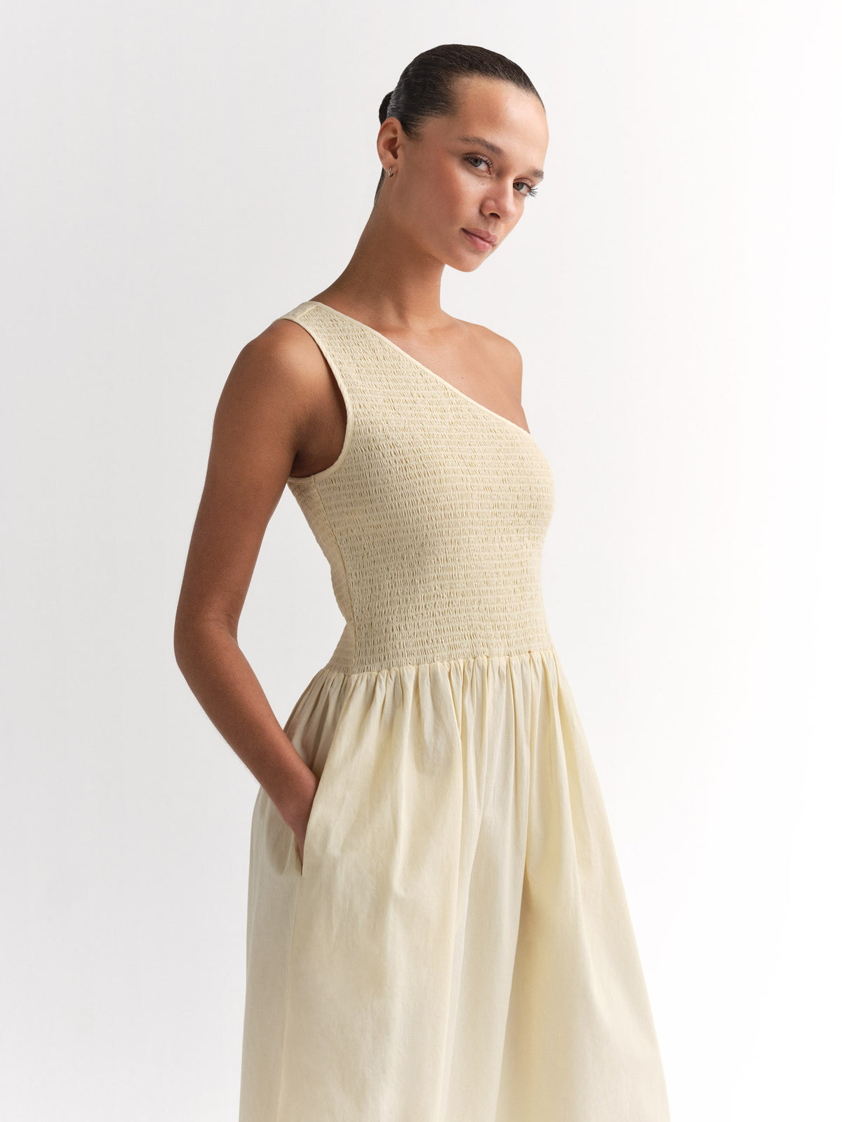 Organic Poplin Asymmetrical Dress-Dress-MATE the Label-CUSTARD-XS-MATE the Label