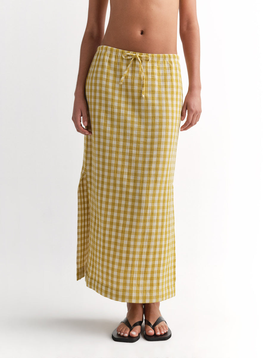 Organic Gauze Gingham Midi Skirt-Skirts-MATE the Label-GOLDEN GINGHAM-XS-MATE the Label
