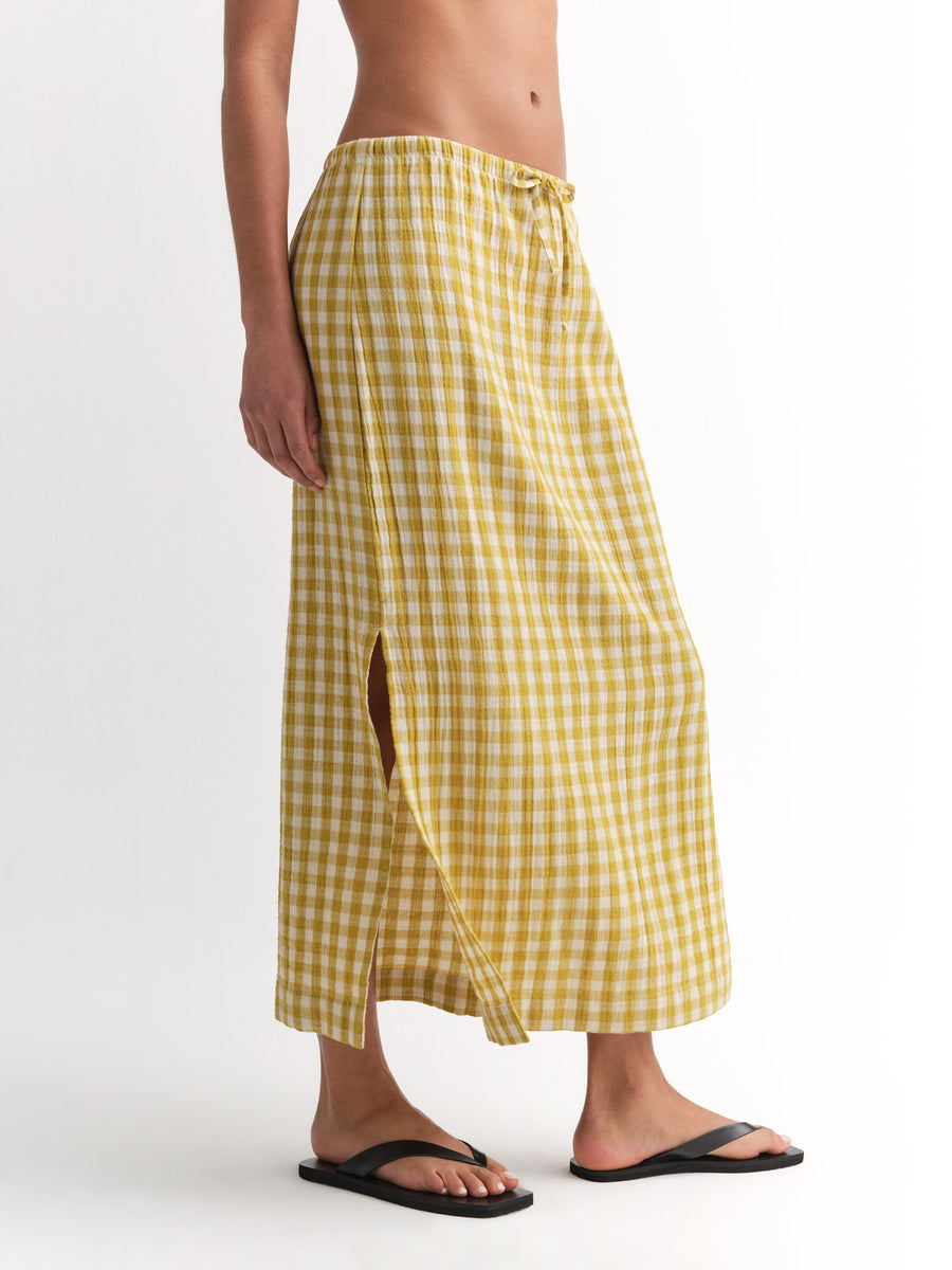 Organic Gauze Gingham Midi Skirt-Skirts-MATE the Label-GOLDEN GINGHAM-XS-MATE the Label
