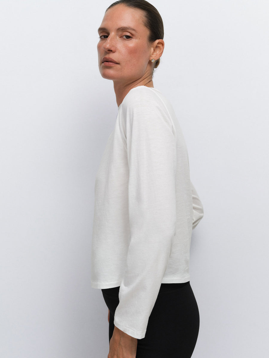 Organic Pima Layering Tank Classic Long Sleeve Tee Organic Stretch Biker Short in Thyme / True White / Jet Black — product photo