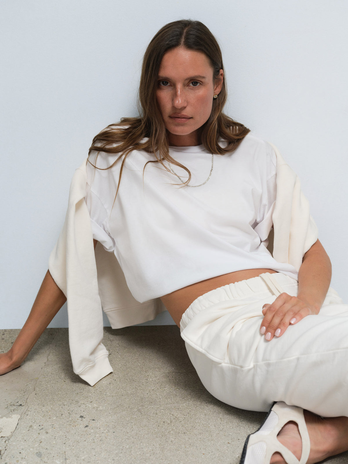 Organic Pima Oversized Tee Organic Fleece Relaxed Pocket Sweatpant in True White / Bone — product photo