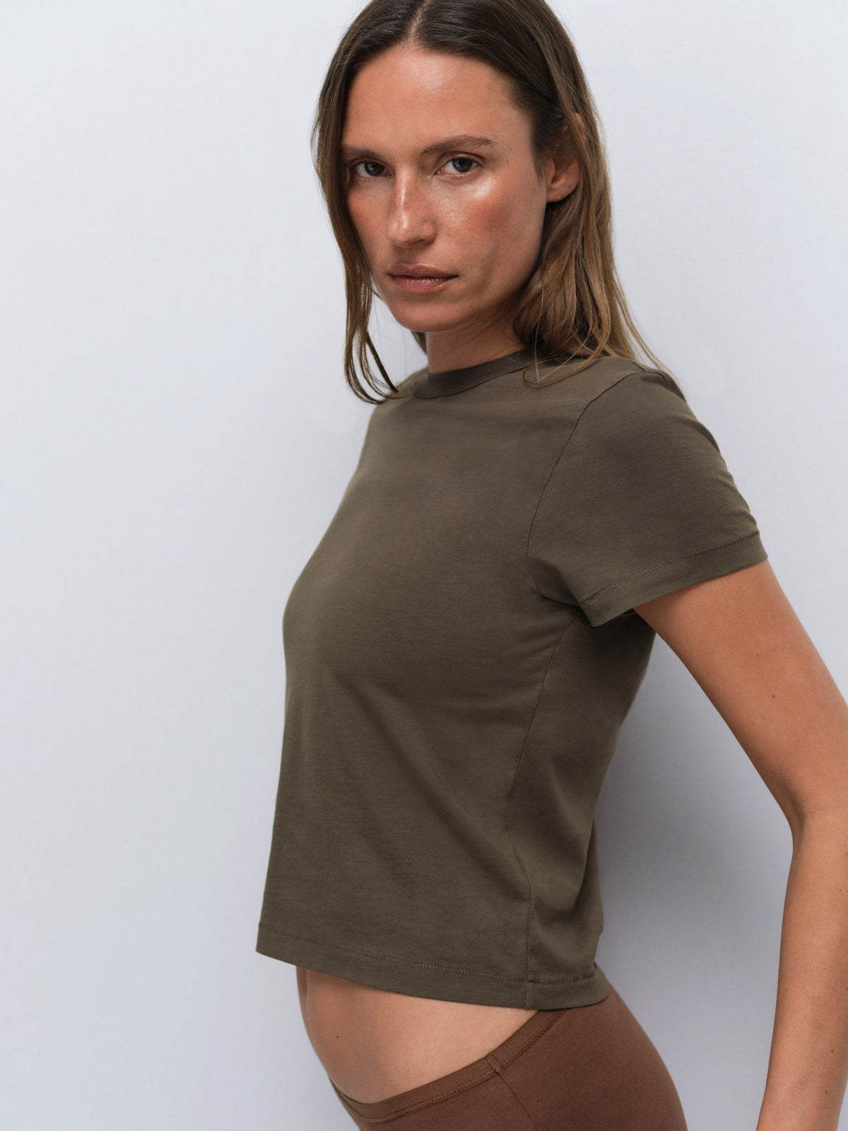 Organic Comfort Triangle Bralette Mid Rise Bikini in Espresso — product photo