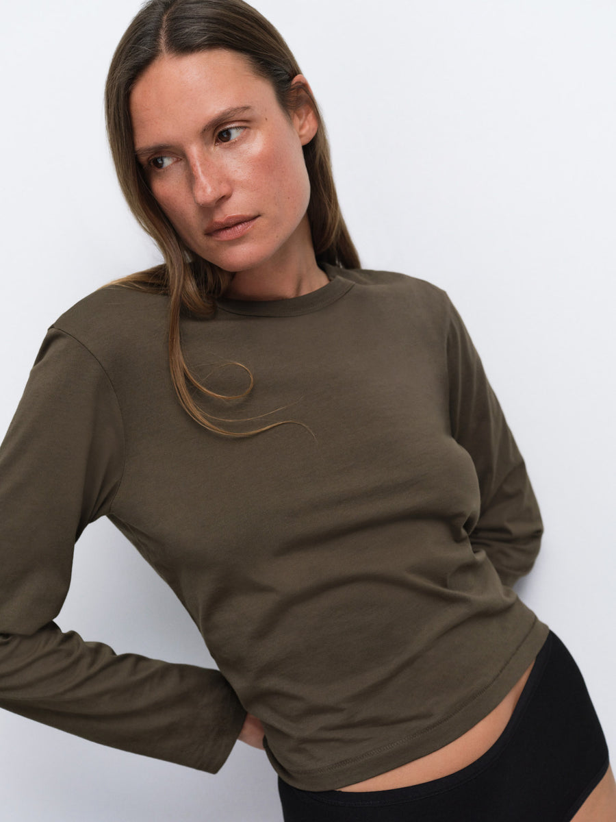 Organic Pima Classic Long Sleeve Tee in Mocha — product photo