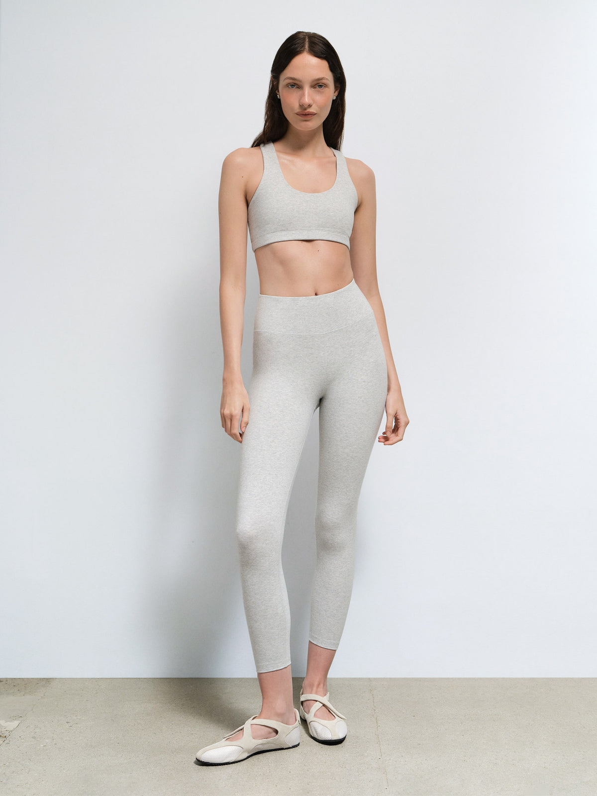 Organic Stretch Sports Bra Midi Legging in Heather Grey — product photo