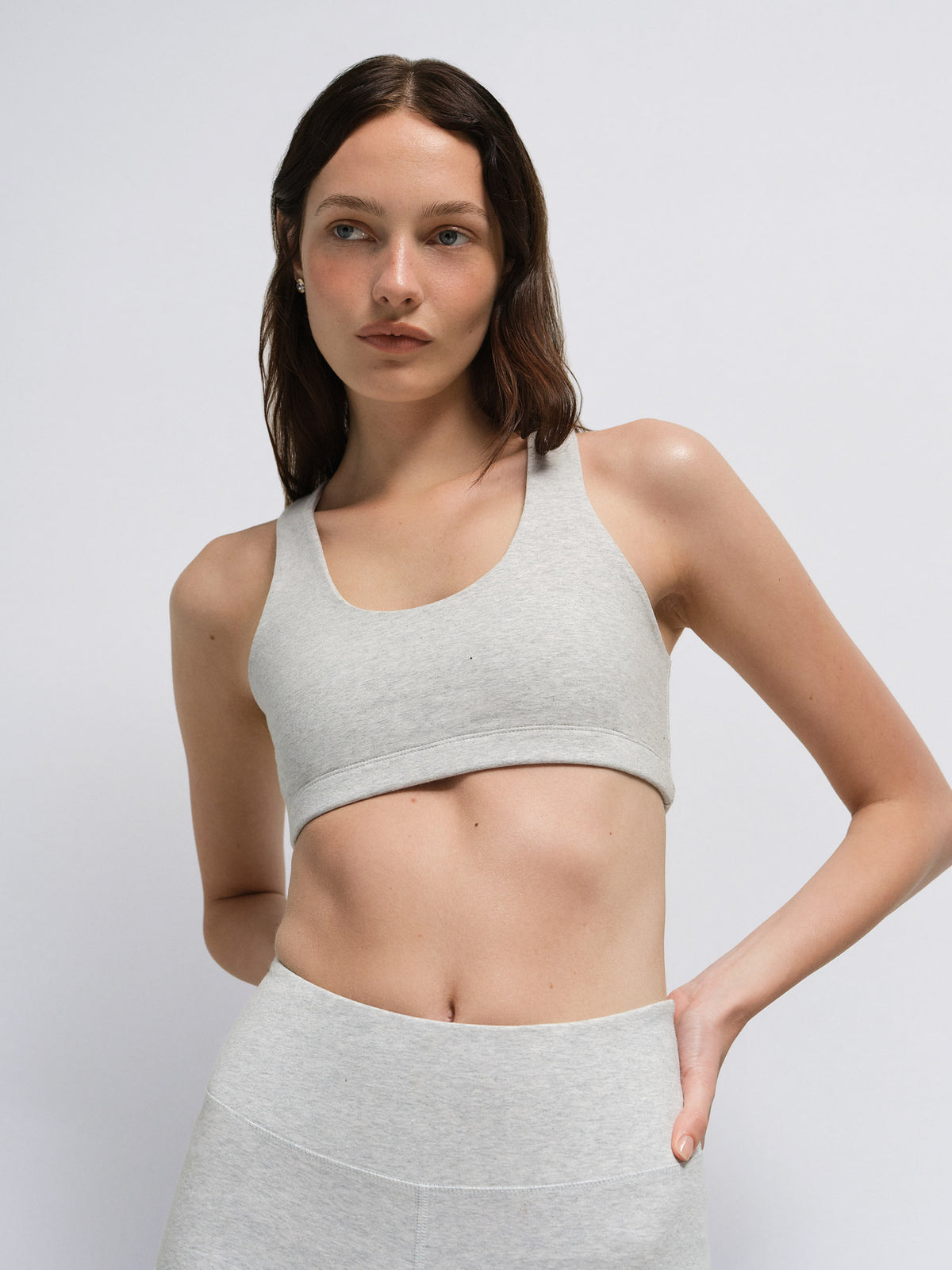 Organic Stretch Sports Bra Midi Legging in Heather Grey — product photo