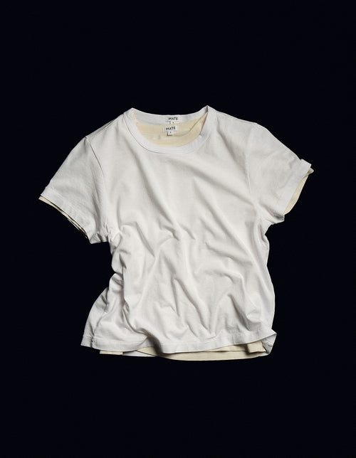 White short-sleeve crewneck t-shirt from Mate the Label, laid flat against a black background