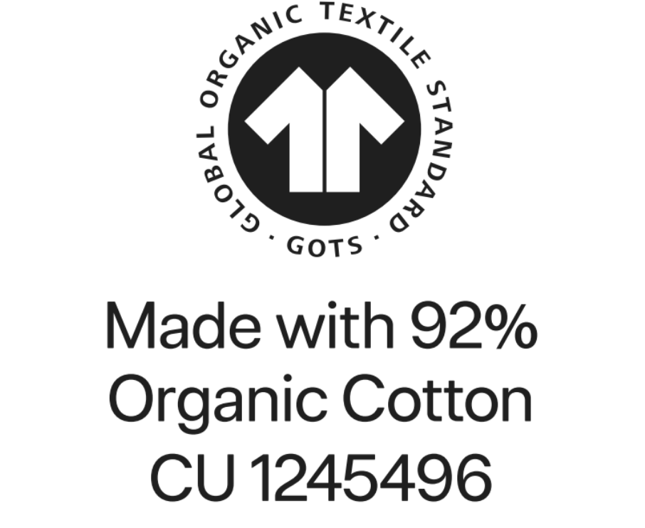 A white label or graphic featuring the Global Organic Textile Standard (GOTS) logo at the top and the text 'Made with 92% Organic Cotton CU 1245496' below in black.